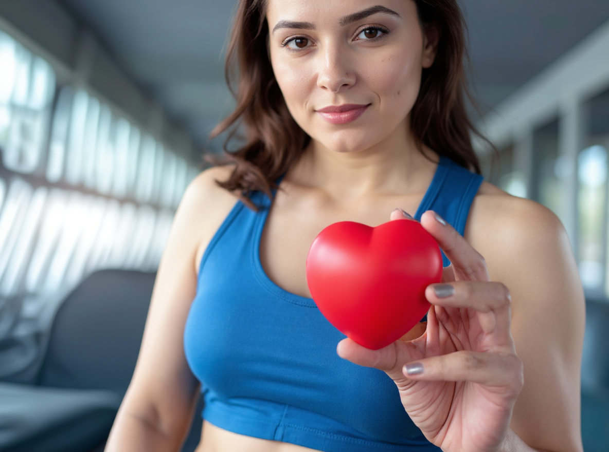 Mujer con sujetador deportivo azul sosteniendo un corazón rojo